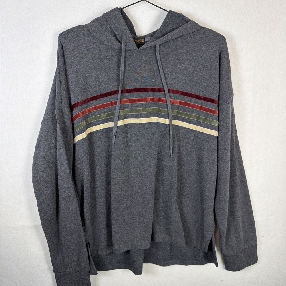 PJ Salvage Womens Size L Gray Happy Vibes Striped Hoodie Pullover Sweatshirt